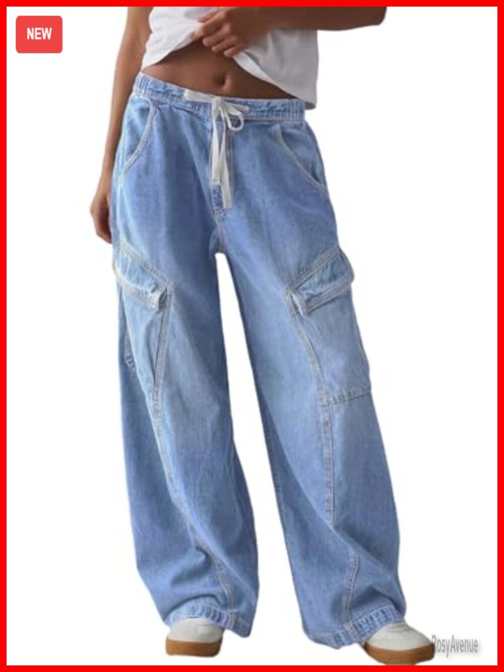 Womens Mid Rise Wide Leg Baggy Boyfriend Jeans Stretch Denim Cargo Pockets